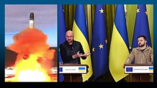 A g. : lancement réussi d'un missile balistique intercontinental Sarmat en Russie, le 20/04/2022 // A dr. : Charles Michel et Volodymyr Zelensky à Kyiv, le 20/04/2022