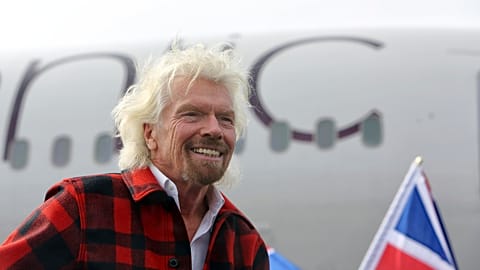 Virgin founder Sir Richard Branson arrives on a Boeing 787-9 for an event announcing Virgin Atlantic's new non-stop daily Seattle to London flights