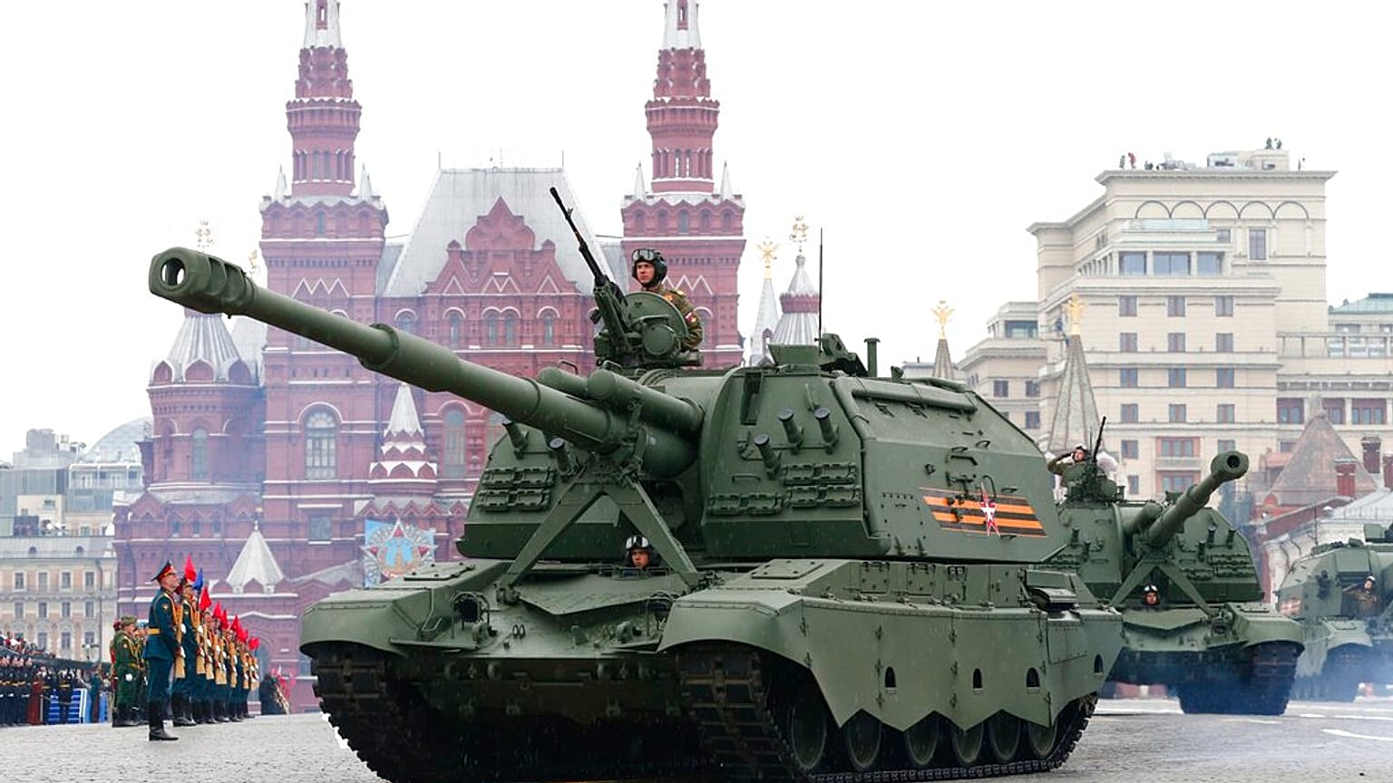 Russian 2S35 Koalitsiya-SV self-propelled howitzers roll toward Red Square during the Victory Day military parade in Moscow, 