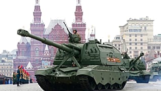 Russian 2S35 Koalitsiya-SV self-propelled howitzers roll toward Red Square during the Victory Day military parade in Moscow, 