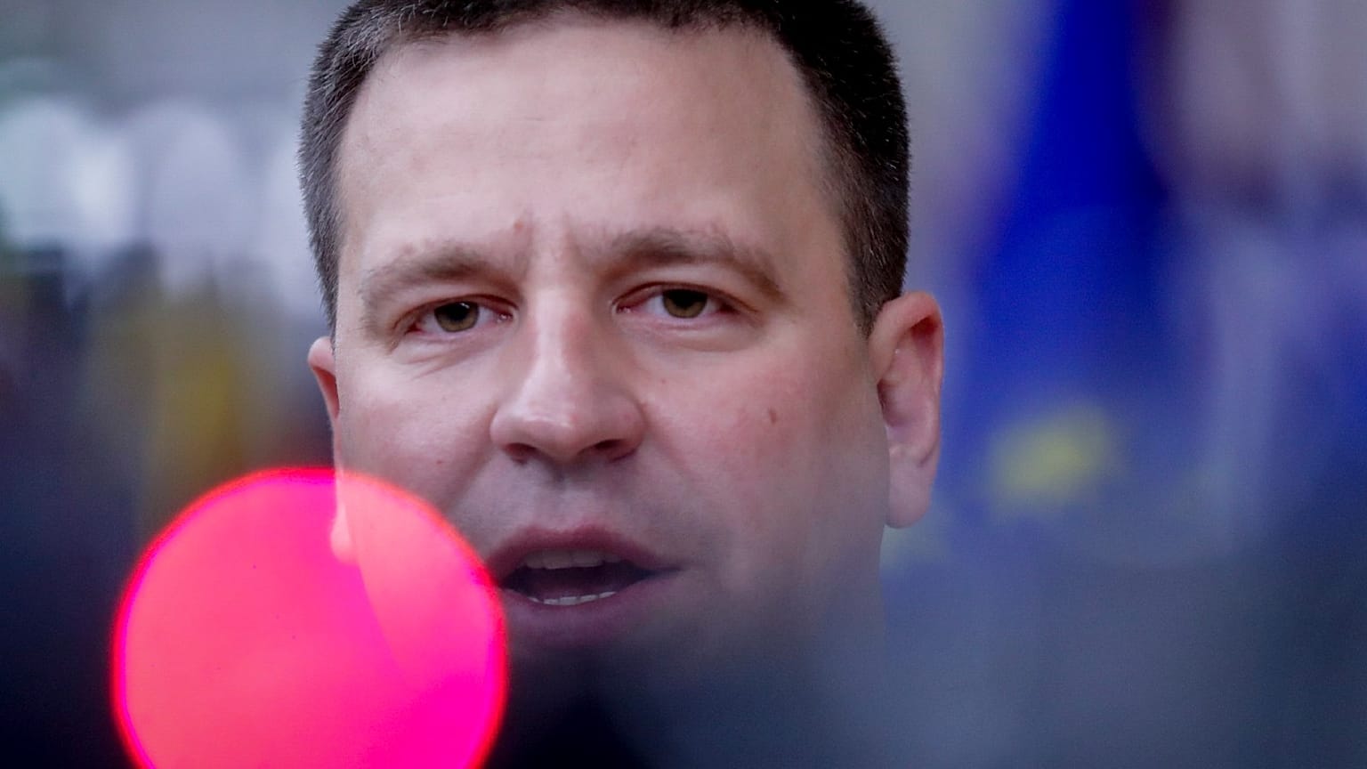 Former Estonian prime minister Juri Ratas speaks on camera as he arrives for an EU summit at the European Council building in Brussels, Friday, Oct. 2, 2020