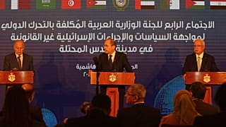  Arap Birliği Genel Sekreteri Ahmed Ebu Gayt (solda), Ürdün Dışişleri Bakanı Ayman Safadi (ortada) ve Filistin Dışişleri ve Gurbetçiler Bakanı Riad Malki (sağda)