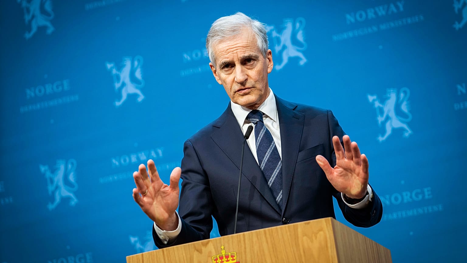 Norway's Prime Minister Jonas Gahr Store gestures during a press conference in Oslo.