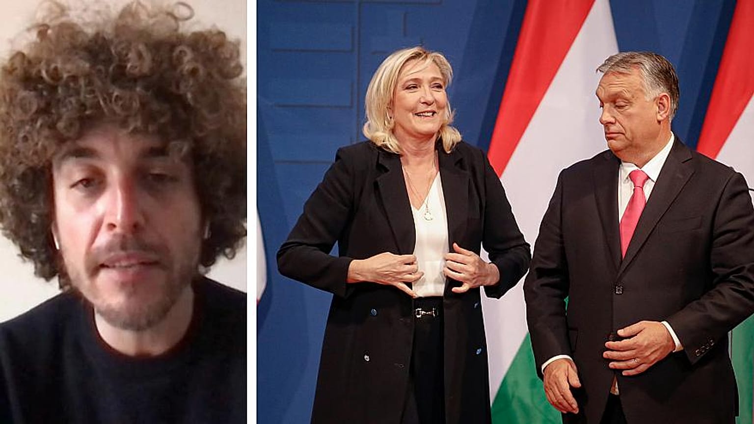 A jobb oldalon Marine Le Pen és Orbán Viktor, a bal oldalon Steven Forli történész
