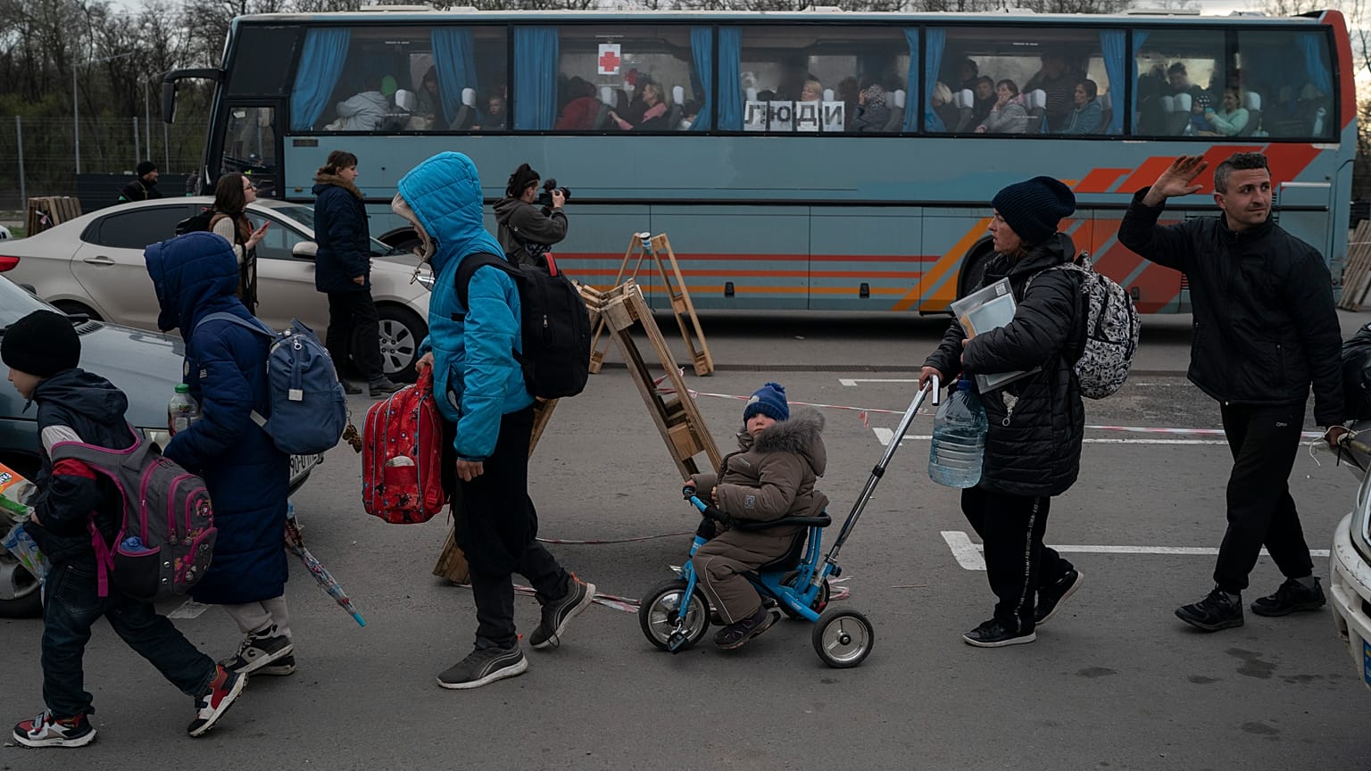 Evacuees from Mariupol at a refugee centre in Zaporizhzhia, Ukraine, Thursday, April 21, 2022. Russia is accused of forcibly deporting many Ukrainians to Russian territory.