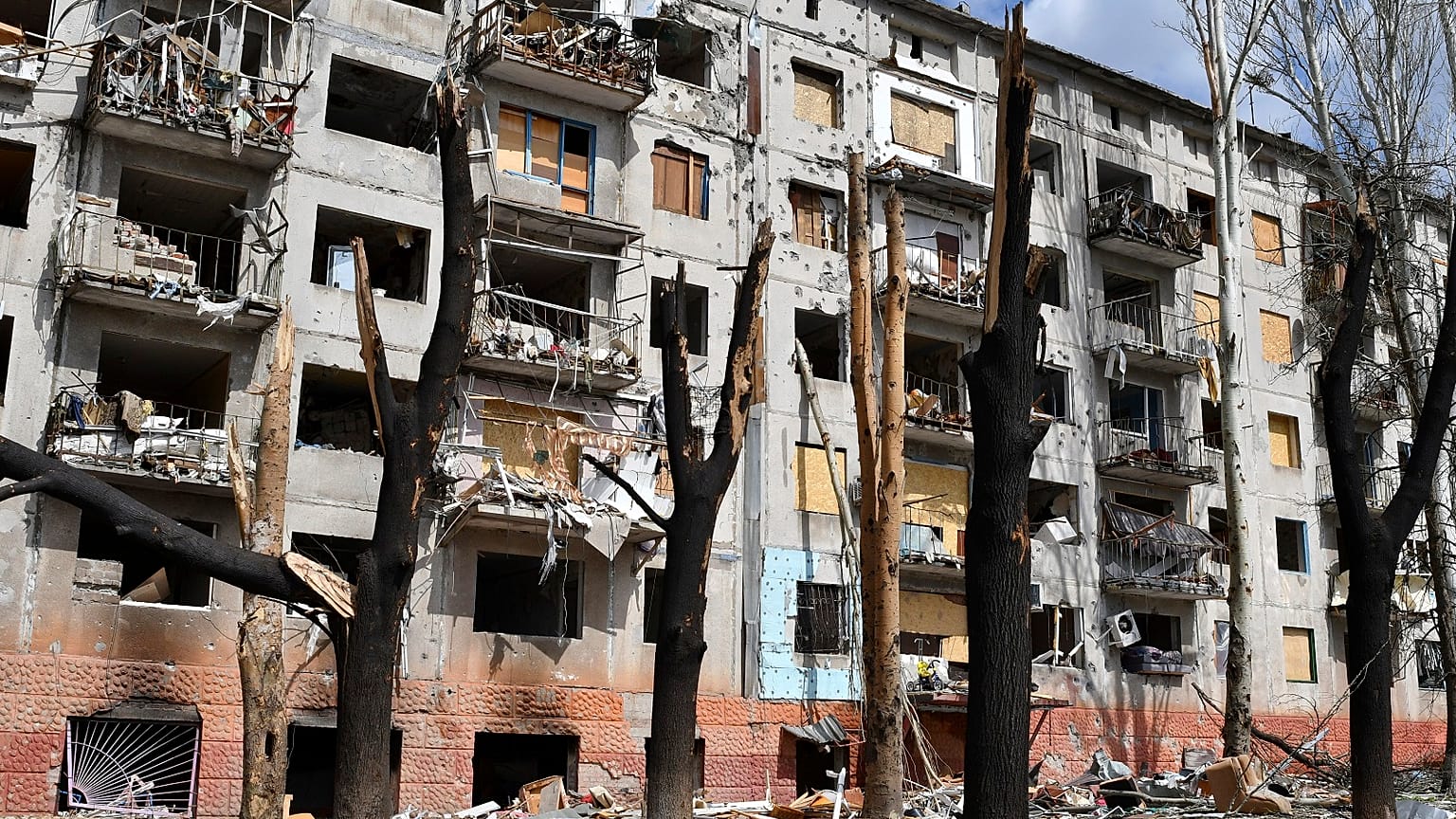 A view of a block of apartments buildings damaged by shelling in Kramatorsk, Ukraine, Friday, April 15, 2022.