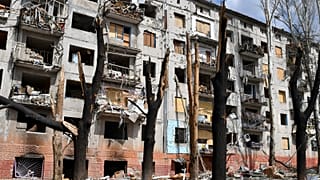 A view of a block of apartments buildings damaged by shelling in Kramatorsk, Ukraine, Friday, April 15, 2022.