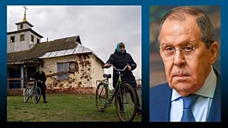 A g. : sortie d'église près de Chernihiv (22/04/2022) / A dr. : le ministre russe des Affaires étrangères, Serguei Lavrov (22/04/2022)