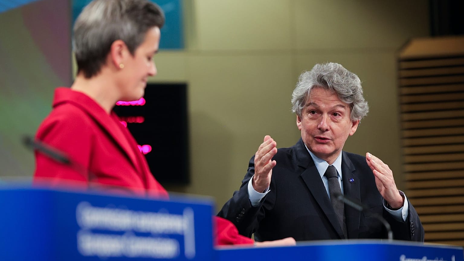 Thierry Breton (R), EU Commissioner for Internal Market, and Margrethe Vestager, Commissioner for Europe fit for the Digital Age, in Brussels, Dec. 15, 2020.