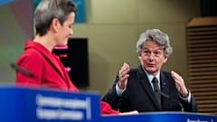 Thierry Breton (R), EU Commissioner for Internal Market, and Margrethe Vestager, Commissioner for Europe fit for the Digital Age, in Brussels, Dec. 15, 2020.