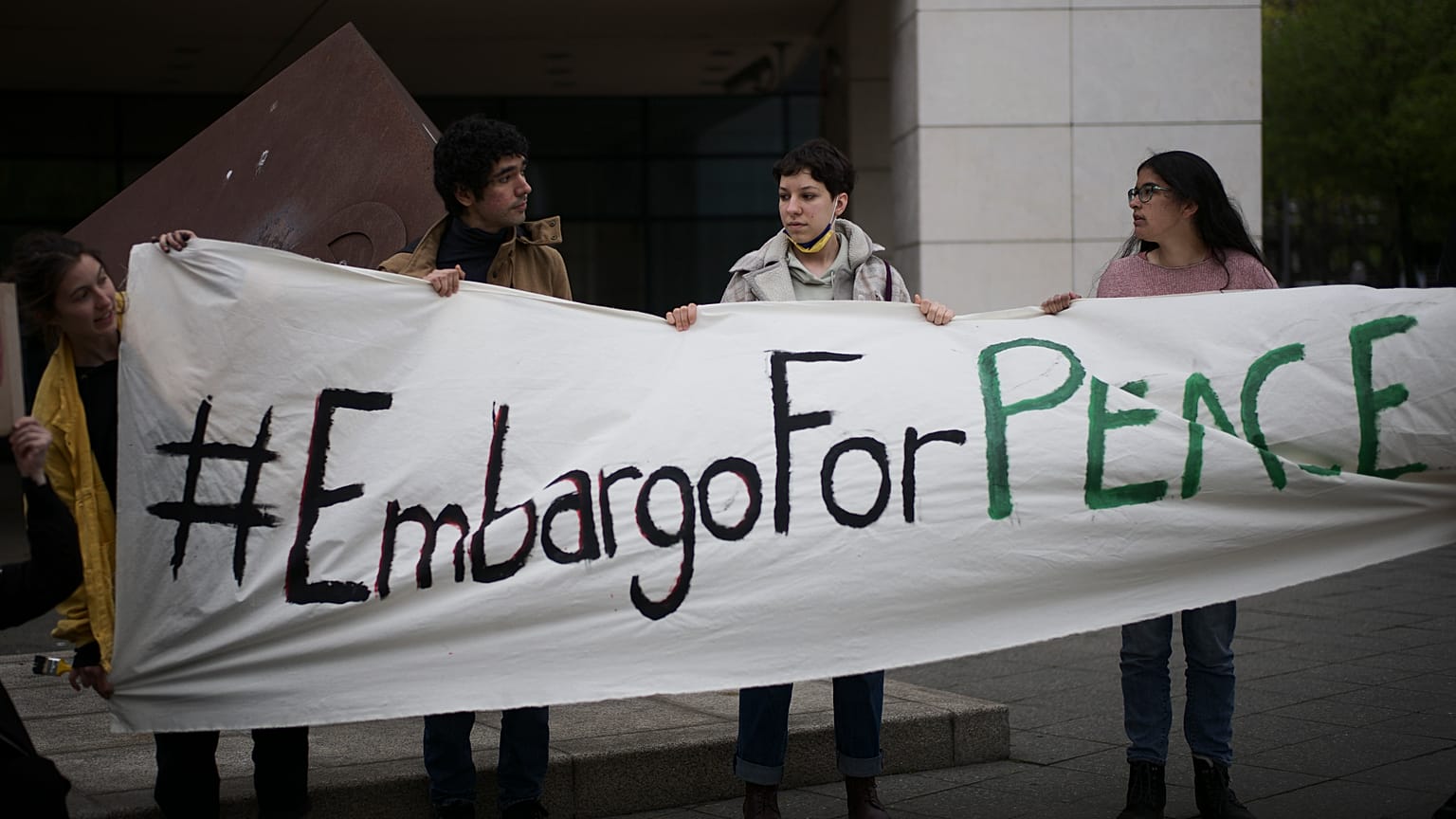 Fridays For Future climate activist from Ukraine, Nox Kubar (2nd right), at a protest outside Olaf Scholz's SPD party HQ, demanding an embargo on Russian energy, Apr. 22, 2022