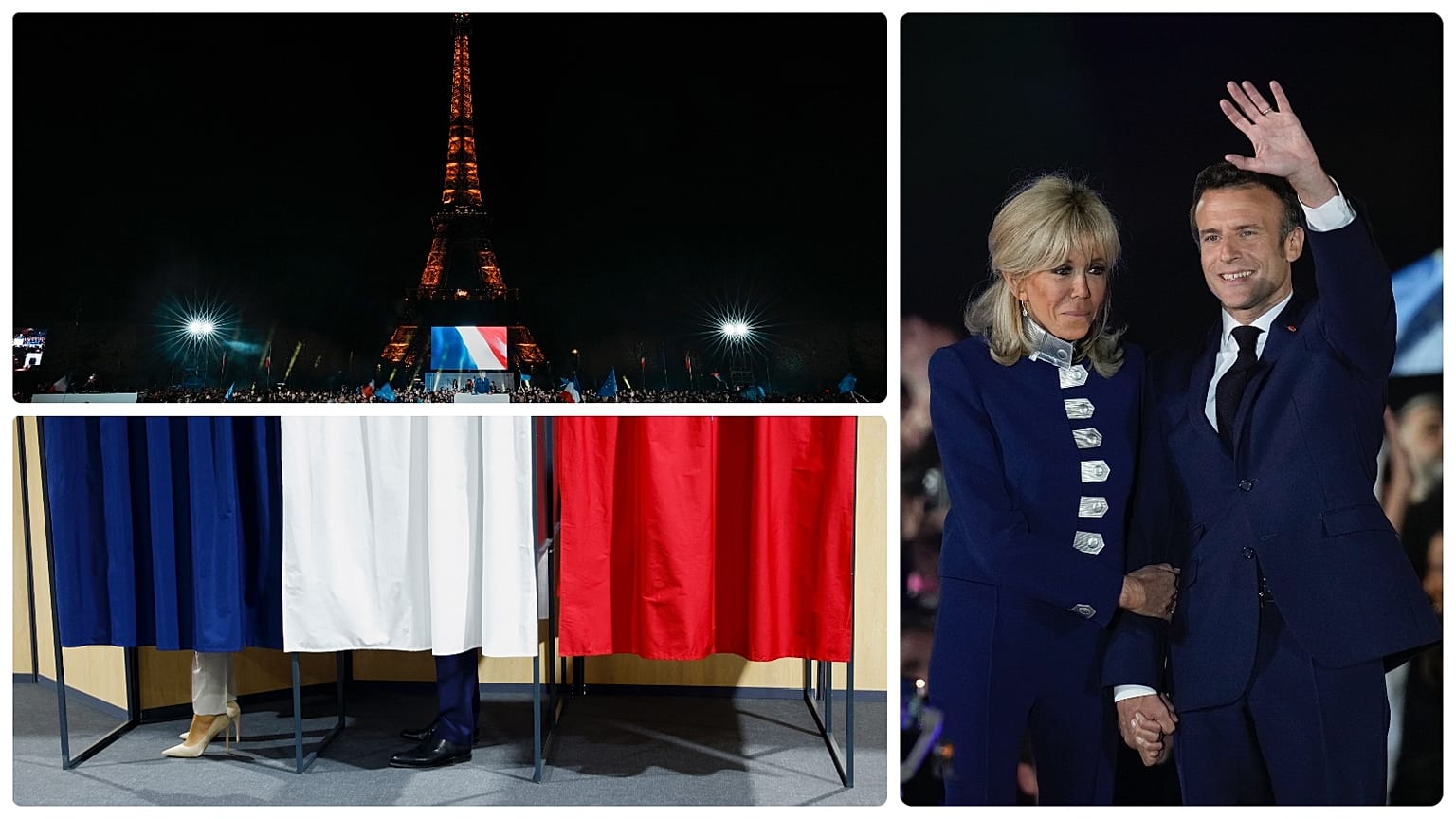 Emmanuel Macron és felesége, Brigitte a második elnökválasztási győzelem estéjén, 2022. április 24-én