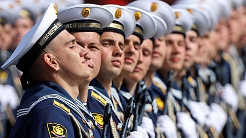 Russian sailors march during a rehearsal for a military parade marking the anniversary of the victory over Nazi Germany in World War Two in Red Square in central Moscow.