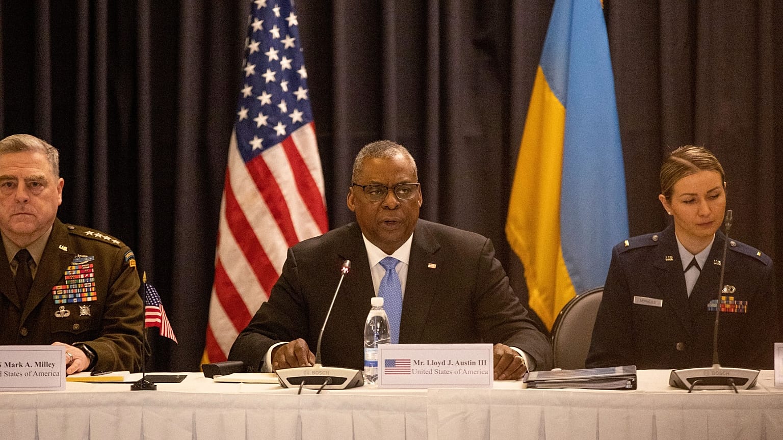 Le ministre américain de la Défense Lloyd Austin, lors de la conférence internationale organisée sur la base de l'US Air Force à Ramstein en Allemagne, le 26 avril 2022