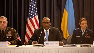 Le ministre américain de la Défense Lloyd Austin, lors de la conférence internationale organisée sur la base de l'US Air Force à Ramstein en Allemagne, le 26 avril 2022