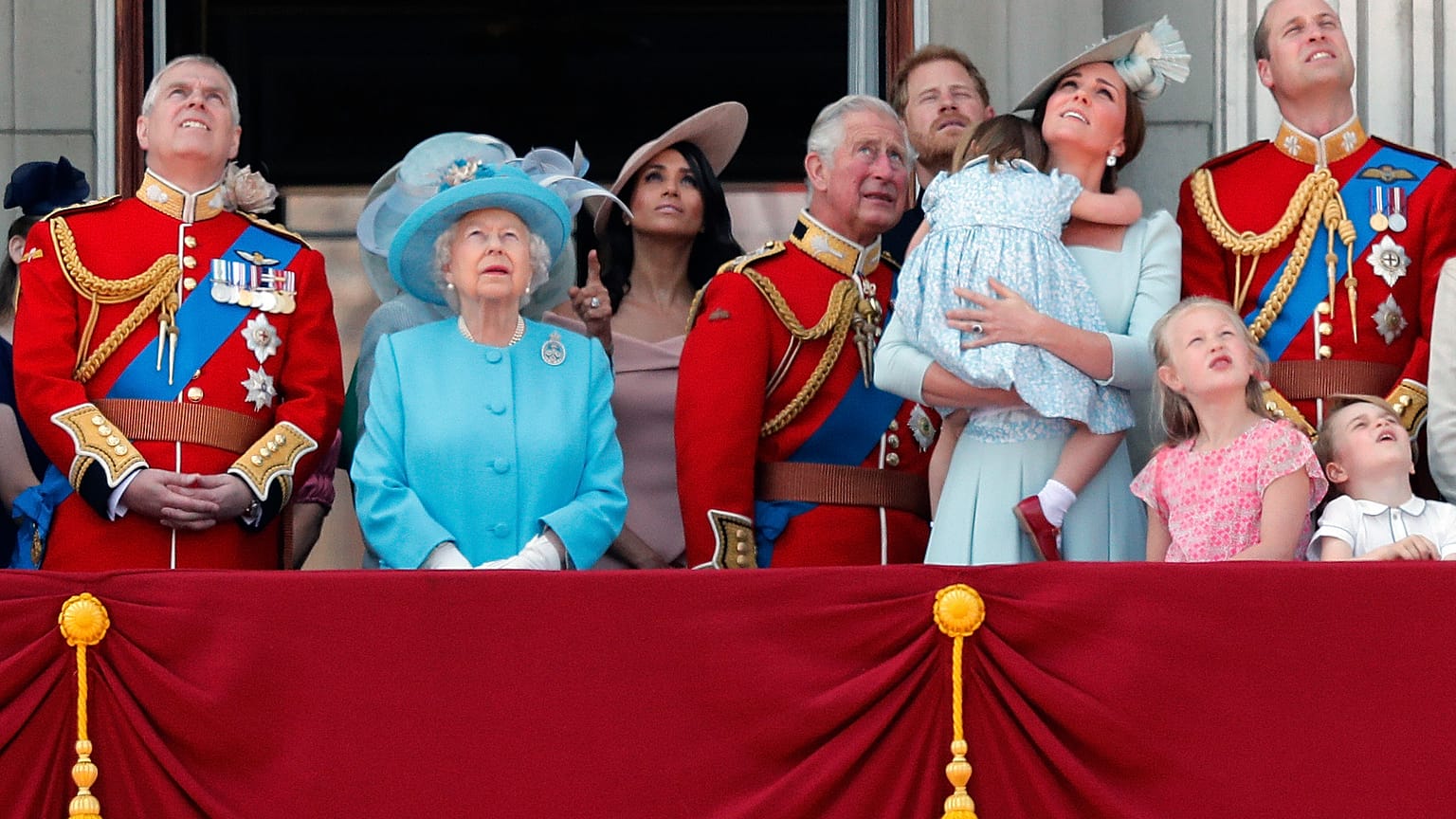 (L-R) Prince Andrew, Queen Elizabeth, Meghan Duchess of Sussex, Prince Charles, Prince Harry, Duchess and Duke of Cambridge at the Trooping the Colour ceremony, June 9, 2018.