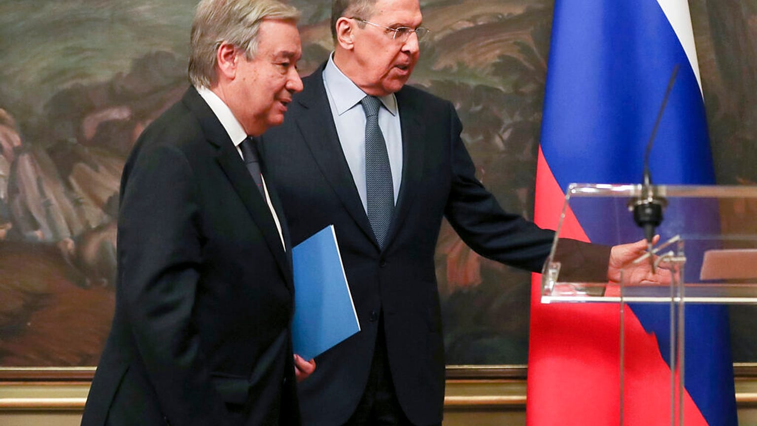 Guterres e Lavrov, após a conferência de imprensa