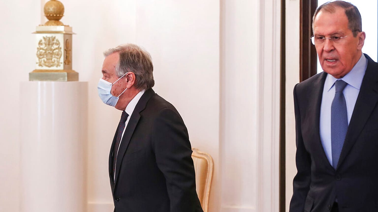 António Guterres, az ENSZ főtitkára és Szergej Lavrov orosz külügyminiszter Moszkvában 2022. április 26-án