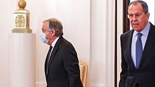 António Guterres, az ENSZ főtitkára és Szergej Lavrov orosz külügyminiszter Moszkvában 2022. április 26-án