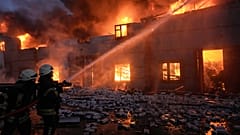 Ukrainian firefighters tackle a blaze on the outskirts of Mariupol after the Russian airstrike on March 16 that destroyed the city's Drama Theatre