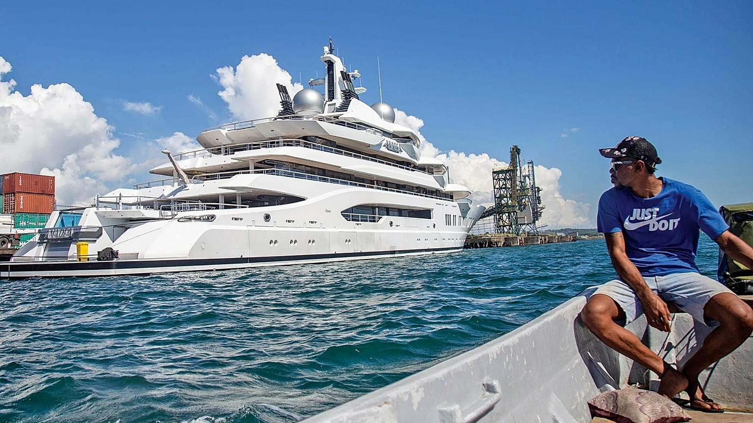 Boat captain Emosi Dawai looks at the superyacht Amadea where it is docked at the Queens Wharf in Lautoka, Fiji, on 13 April, 2022.