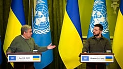 Guterres e Zelensky durante la conferenza stampa congiunta. (Kiev, 28.4.2022)