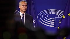 NATO Secretary General Jens Stoltenberg pauses as he delivers a statement to the media prior to a meeting at the European Parliament in Brussels, Thursday, April 28, 2022.