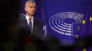 NATO Secretary General Jens Stoltenberg pauses as he delivers a statement to the media prior to a meeting at the European Parliament in Brussels, Thursday, April 28, 2022.