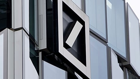 The Deutsche Bank bank logo is seen on the bank's headquarters in Frankfurt.