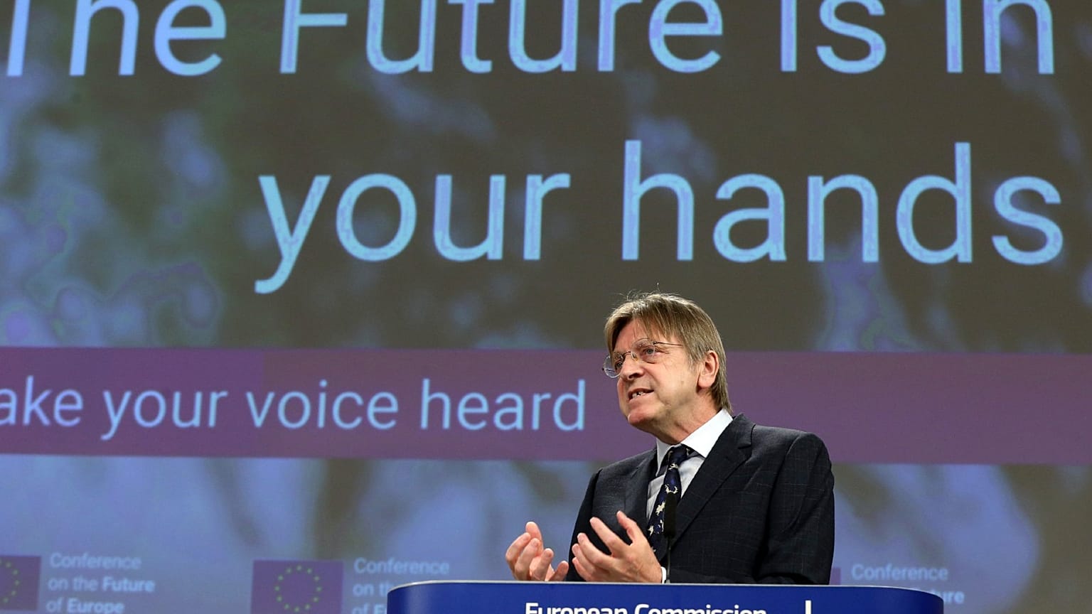 Member of the European Parliament Guy Verhofstadt discusses the Conference on the Future at EU headquarters in Brussels, April 19, 2021.