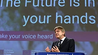 Member of the European Parliament Guy Verhofstadt discusses the Conference on the Future at EU headquarters in Brussels, April 19, 2021.