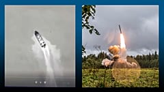 A g. : patrouilleur russe avant sa destruction annoncée par le min. ukr. de la Défense (02/05/2022) / A dr. : tir de missile russe Iskander (19/09/2017)
