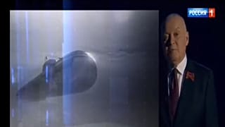 Russian state TV anchor Dmitry Kiselyov warning in his Sunday primetime show that Russia’s Poseidon torpedo could drown the UK under a radioactive tidal wave.