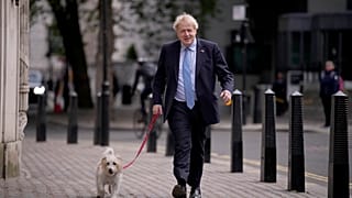 British Prime Minister Boris Johnson arrives with his dog Dilyn to vote at a polling station in London, for local council elections, Thursday, May 5, 2022.