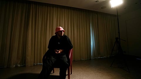 Oleh Psiuk, frontman of Ukraine's Kalush Orchestra waits before an interview in Turin, Italy.