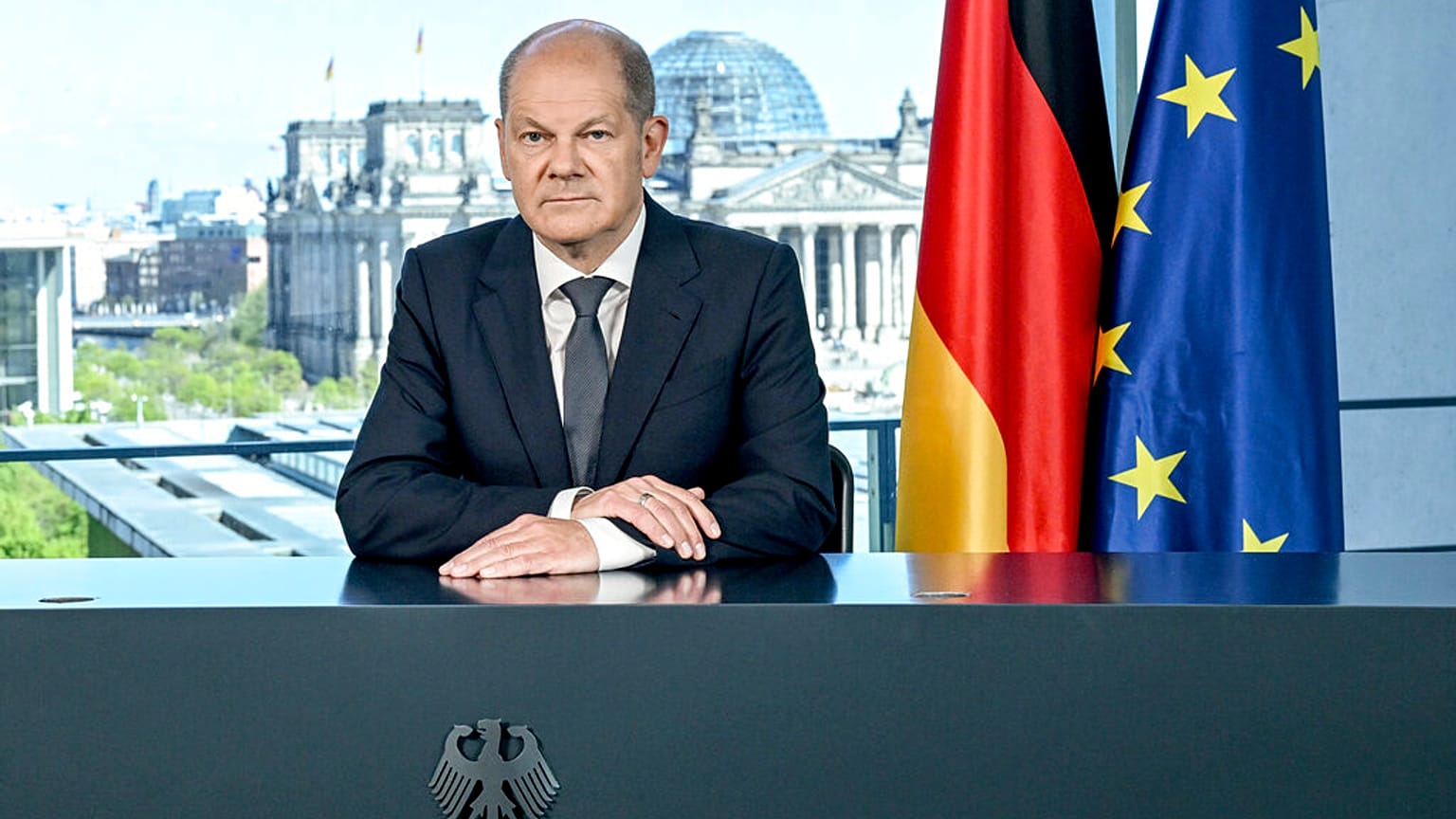 Olaf Scholz lors d'une allocution télévisée sur la guerre en Ukraine, mai 2022