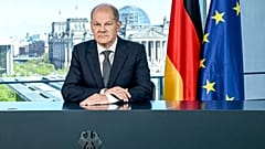 Olaf Scholz bei seiner TV-Ansprache an diesem 8. Mai