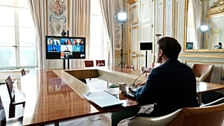 French President Emmanuel Macron takes part in a video-conference of G7 leaders on Ukraine at the Elysee Palace in Paris, Sunday, May 8, 2022.