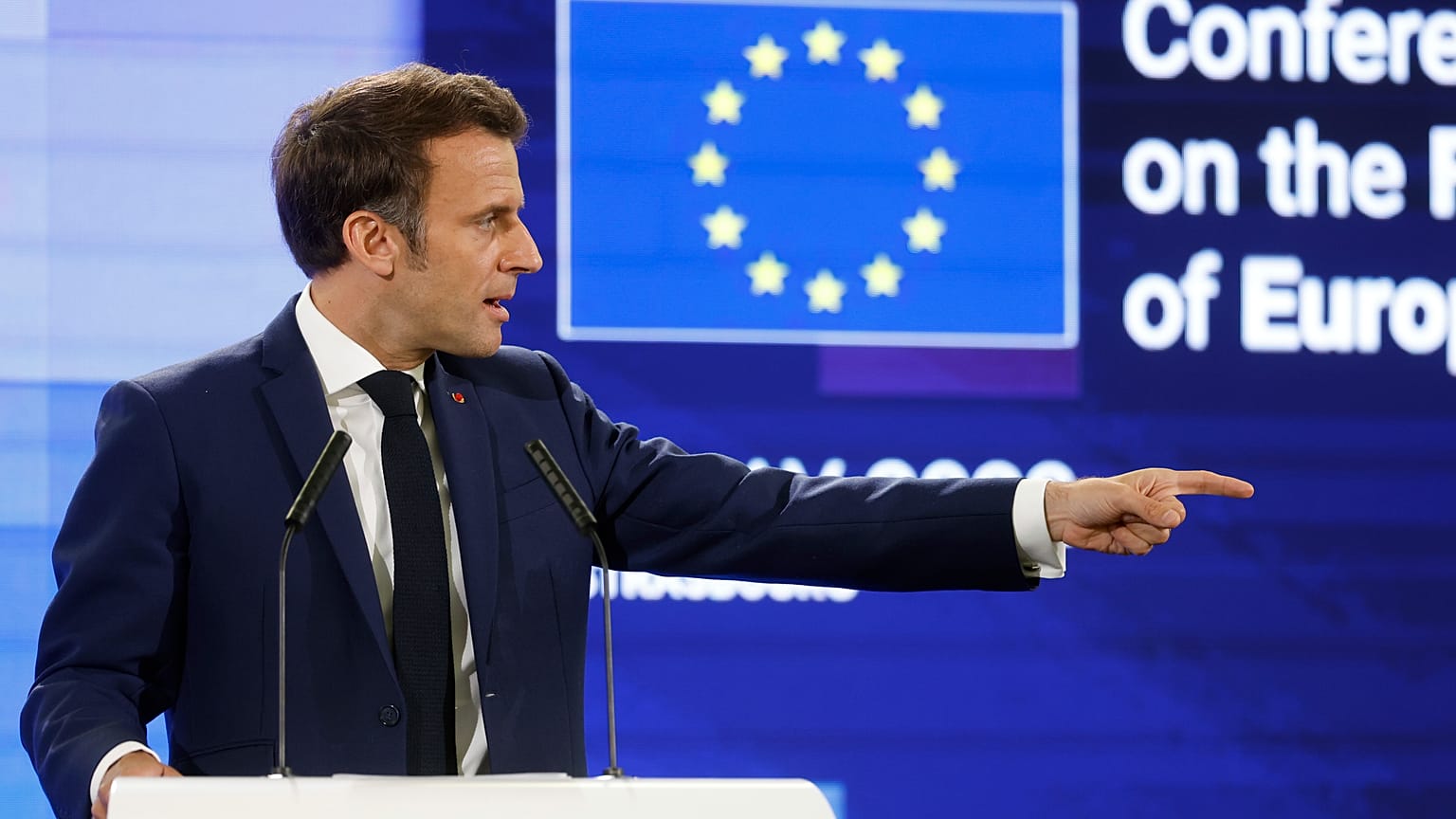 French president Emmanuel Macron gestures as he delivers a speech during the Conference on the Future of Europe, in Strasbourg, eastern France, Monday, May 9, 2022.