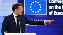 French president Emmanuel Macron gestures as he delivers a speech during the Conference on the Future of Europe, in Strasbourg, eastern France, Monday, May 9, 2022.