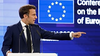 French president Emmanuel Macron gestures as he delivers a speech during the Conference on the Future of Europe, in Strasbourg, eastern France, Monday, May 9, 2022.