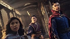 This image released by Marvel Studios shows, from left, Xochitl Gomez as America Chavez, Benedict Wong as Wong, and Benedict Cumberbatch as Dr. Stephen Strange.