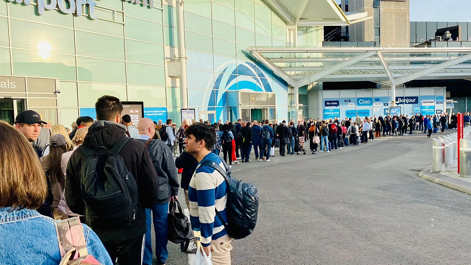 Queues this morning at Birmingham Airport, snaking out of the terminal