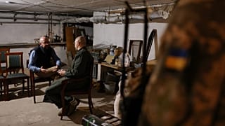 President of the European Council Charles Michel (L) in a bomb shelter during his meeting with Ukrainian Prime Minister Denys Shmygal on May 9, 2022 in Odesa.