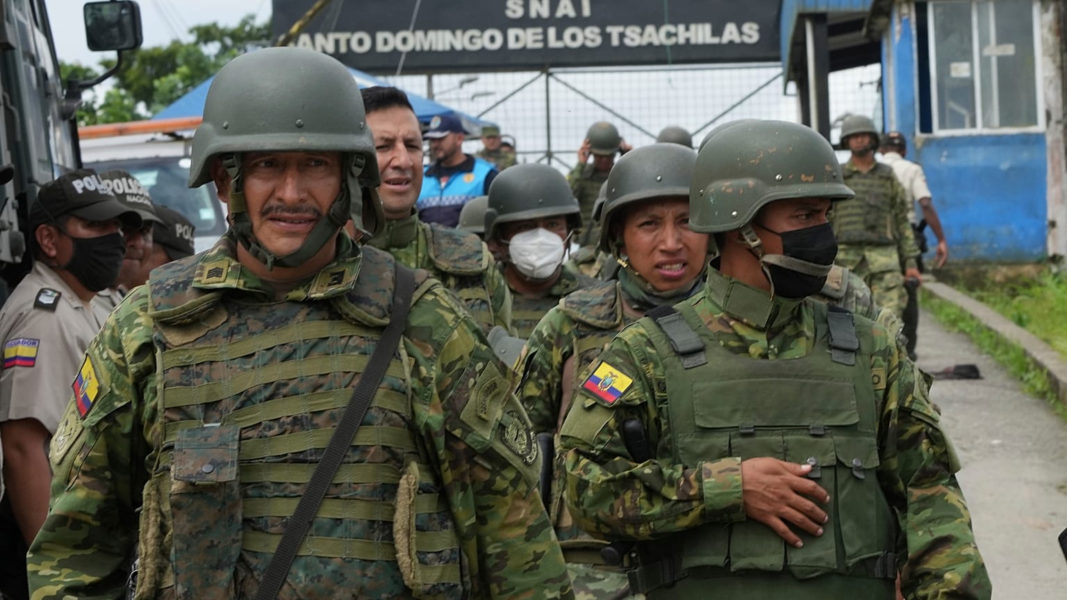 Soldiers guard outside Bellavista prison where a deadly riot broke out overnight in Santo Domingo de los Tsachilas, Ecuador, Monday, May 9, 2022. 