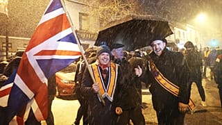 Northern Ireland unionists during an Anti-Protocol Protest in the town of Markethill, Northern Ireland, Friday, Feb 18, 2022.