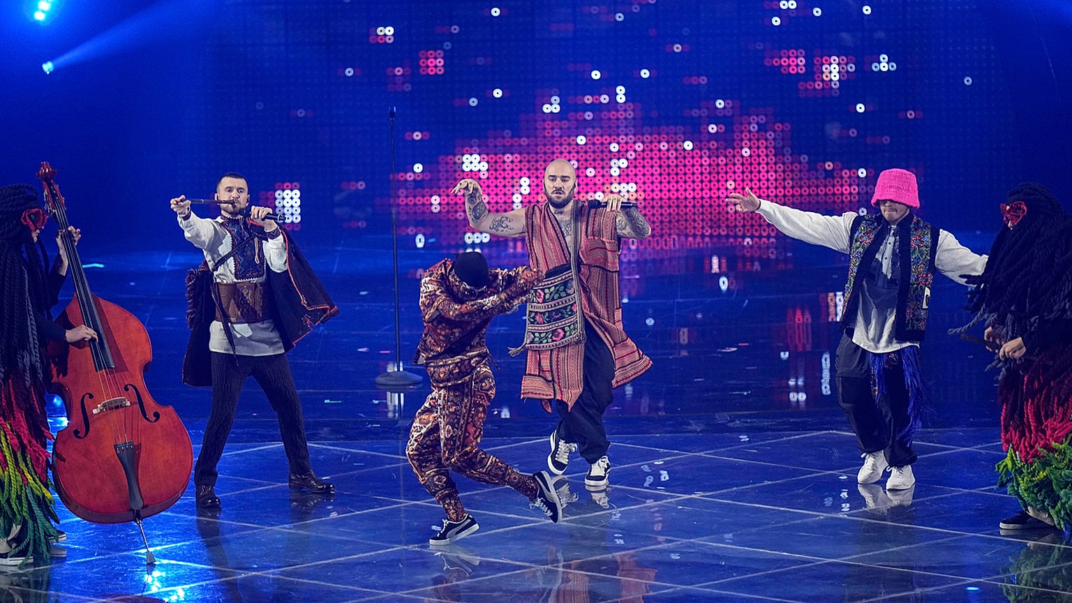 Kalush Orchestra from Ukraine singing Stefania performs during first semifinal night at the Eurovision Song Contest in Turin on 10 May 2022