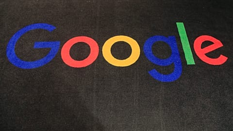 Google's logo on a carpet at the entrance hall of Google France in Paris
