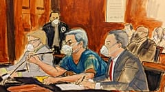 Dans ce croquis de salle d'audience, Juan Orlando Hernández, au centre, plaide non coupable d'accusations de trafic de drogue et d'armes.