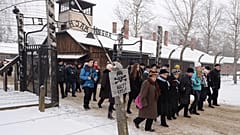 Former prisoners and their guests arrive for the ceremony marking the 74th anniversary of the liberation of KL Auschwitz-Birkenau